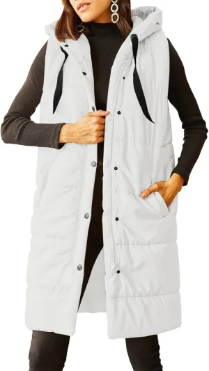 Grlasen Women's Long Quilted Puffer Vest Sleeveless Hooded Button Down Padded Coats Jacket Outerwear with Pockets