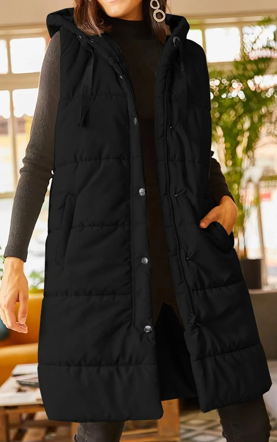 Grlasen Women's Long Quilted Puffer Vest Sleeveless Hooded Button Down Padded Coats Jacket Outerwear with Pockets