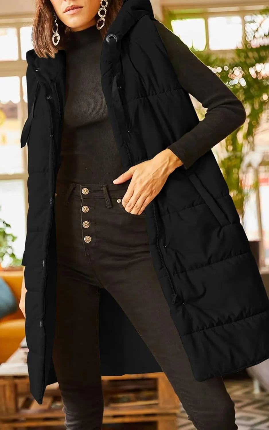 Grlasen Women's Long Quilted Puffer Vest Sleeveless Hooded Button Down Padded Coats Jacket Outerwear with Pockets