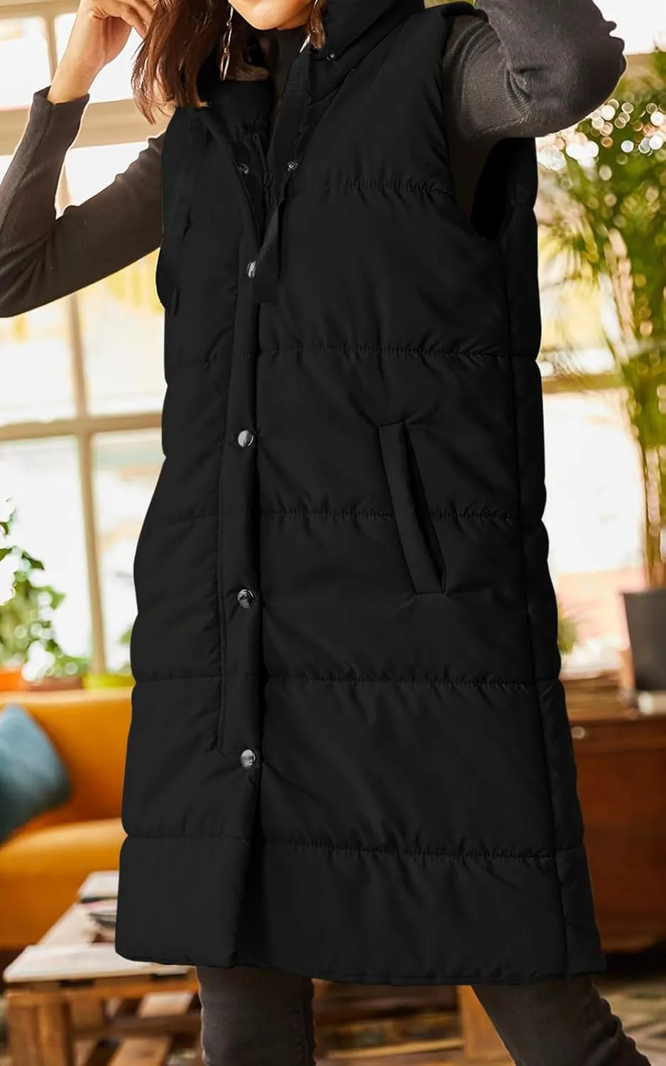 Grlasen Women's Long Quilted Puffer Vest Sleeveless Hooded Button Down Padded Coats Jacket Outerwear with Pockets