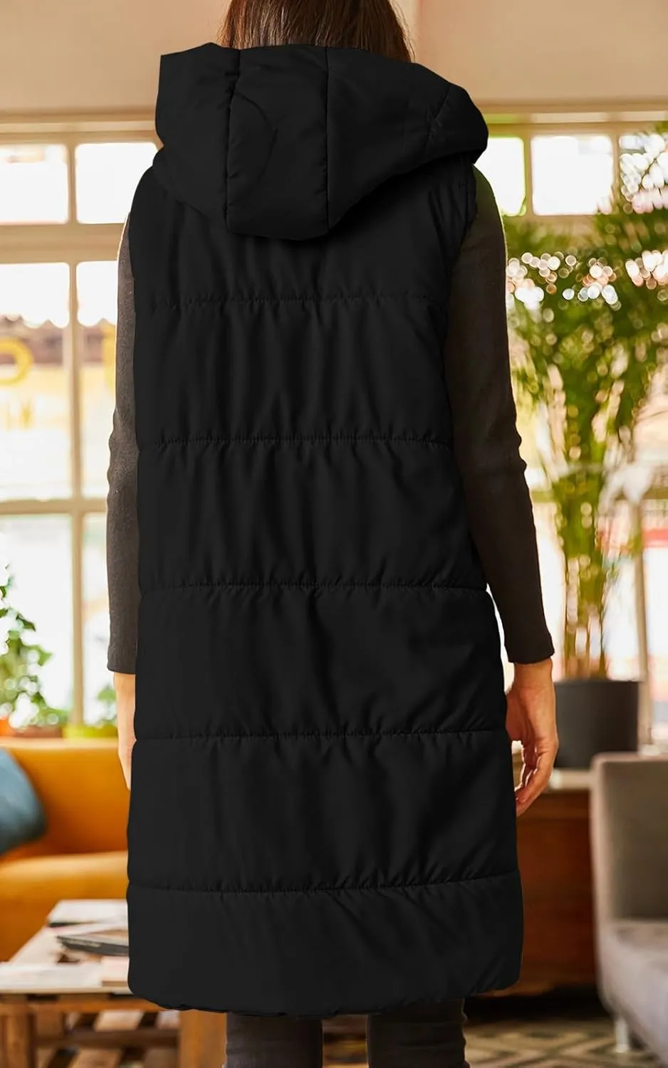 Grlasen Women's Long Quilted Puffer Vest Sleeveless Hooded Button Down Padded Coats Jacket Outerwear with Pockets