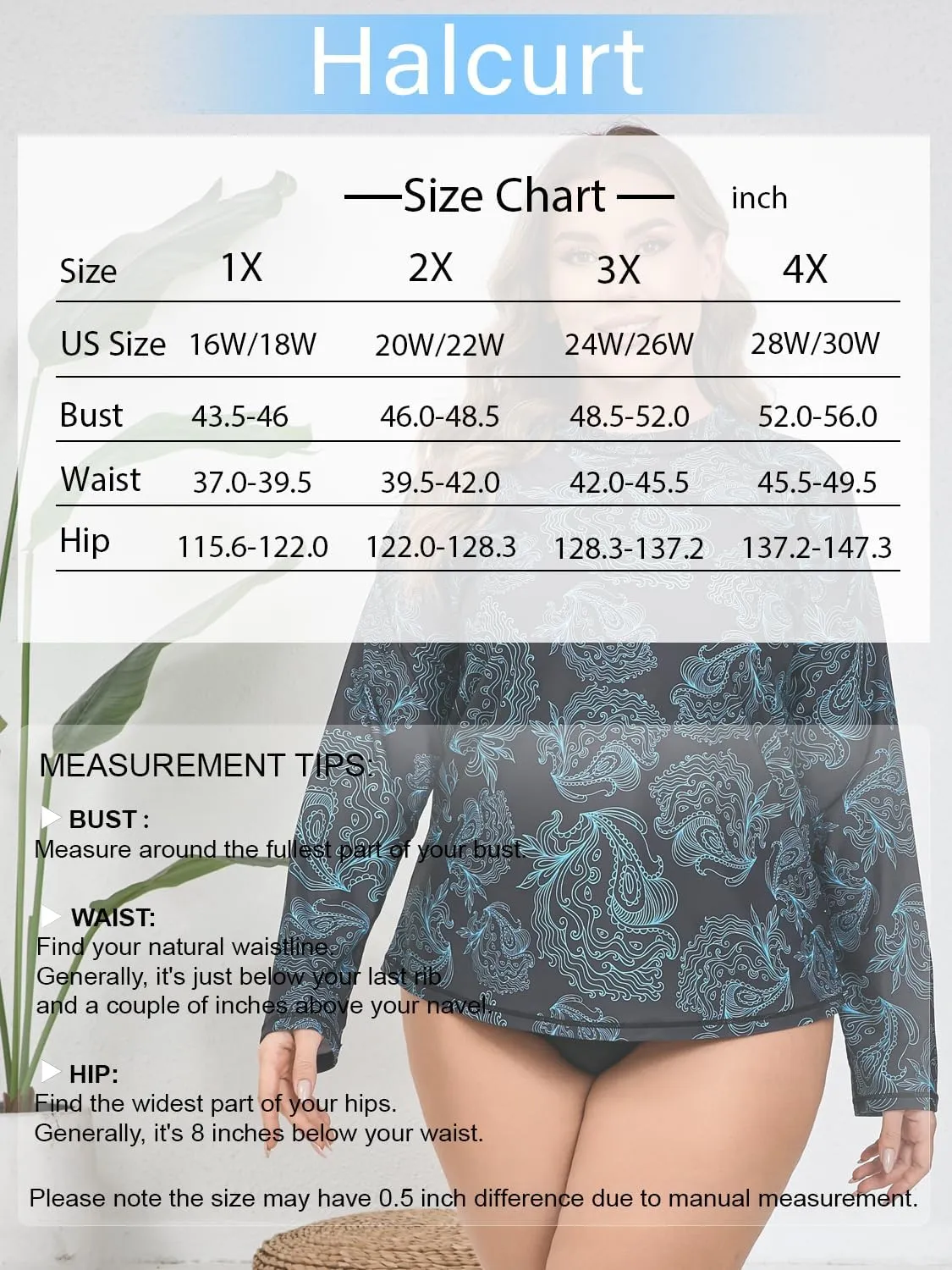 Halcurt Women's Plus Size Long Sleeve Rash Guard Shirts Swim Top UPF50  Sun Protection Loose Fit Quick Dry Swimsuit