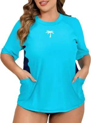 Halcurt Women's Plus Size Short Sleeve Rash Guard Top with Built in Bra Side Pockets UPF50  Swim Shirts