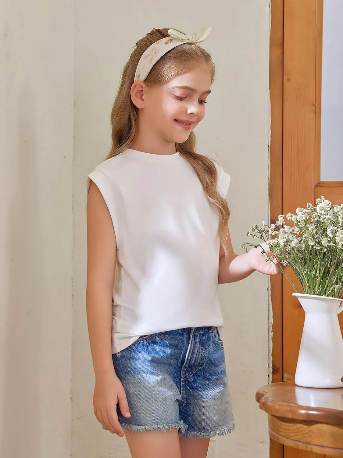 Haloumoning Girls Cap Sleeve Tops Summer Crewneck Tank Tops Cute T-Shirt Blouse 5-14 Years