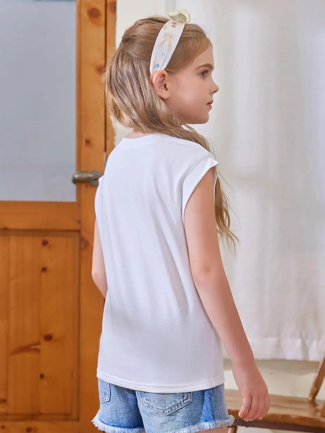 Haloumoning Girls Cap Sleeve Tops Summer Crewneck Tank Tops Cute T-Shirt Blouse 5-14 Years