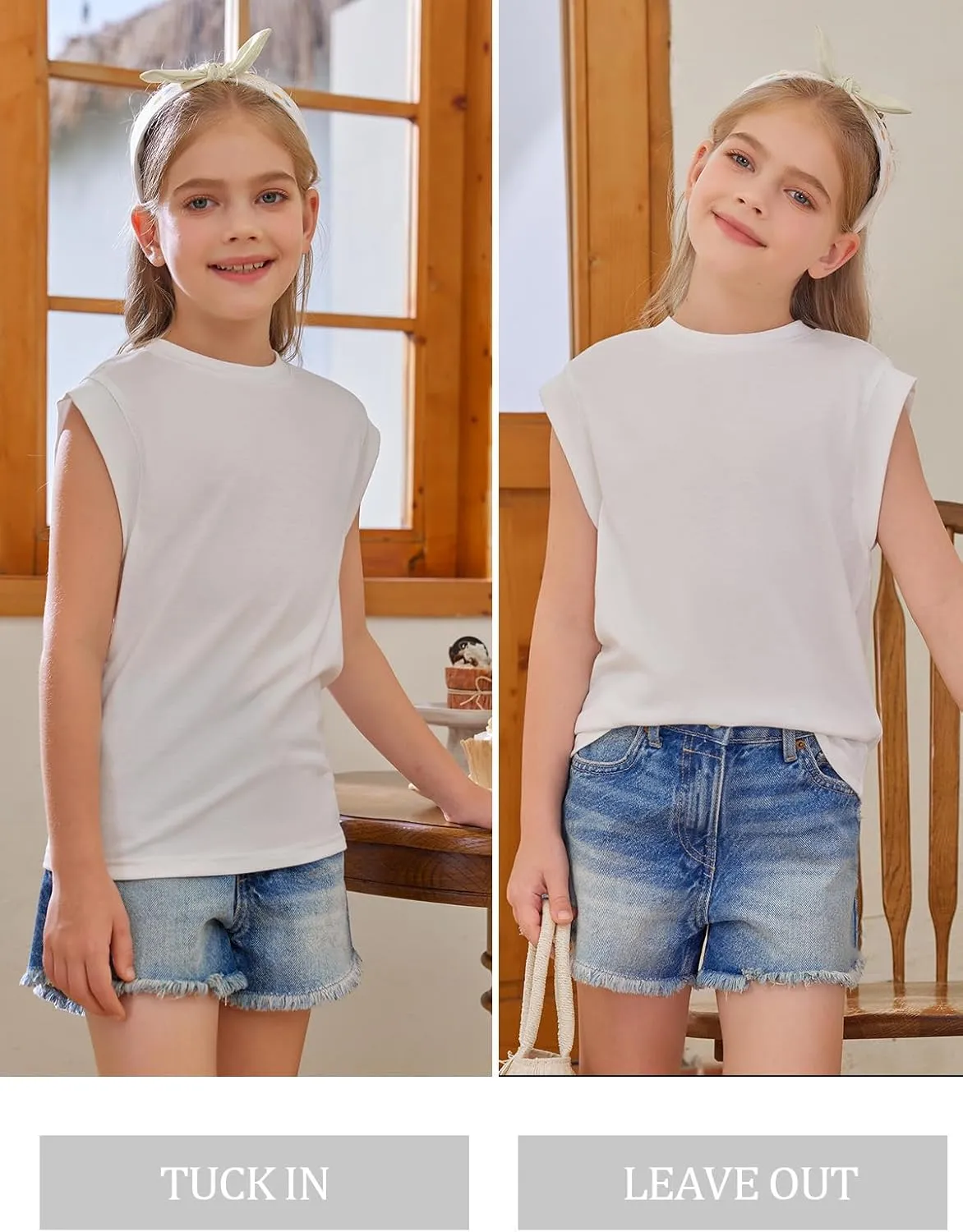 Haloumoning Girls Cap Sleeve Tops Summer Crewneck Tank Tops Cute T-Shirt Blouse 5-14 Years