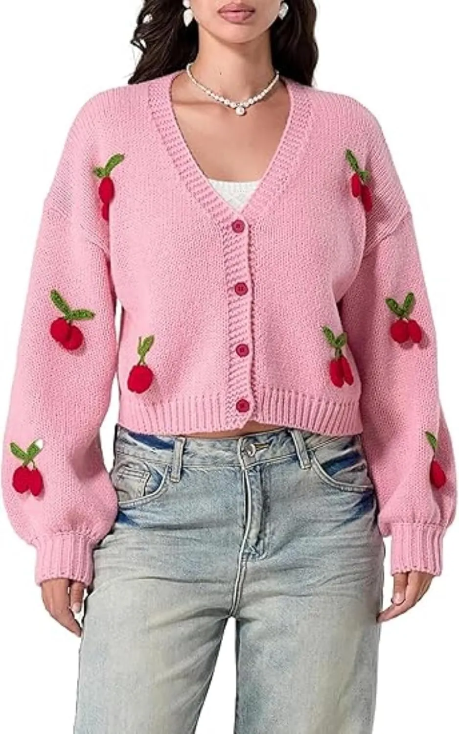 Heart Cute Cropped Cardigan for Women Aesthetic Embroidered Floral Knit Button Down Sweater Outwear
