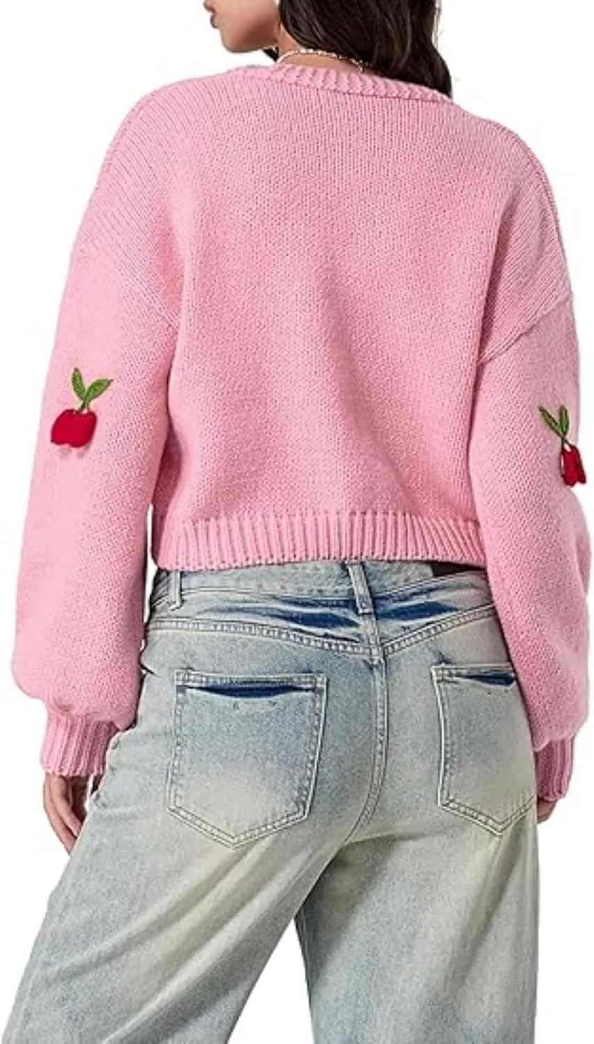Heart Cute Cropped Cardigan for Women Aesthetic Embroidered Floral Knit Button Down Sweater Outwear