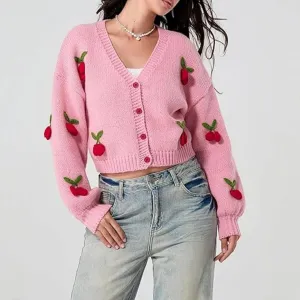 Heart Cute Cropped Cardigan for Women Aesthetic Embroidered Floral Knit Button Down Sweater Outwear
