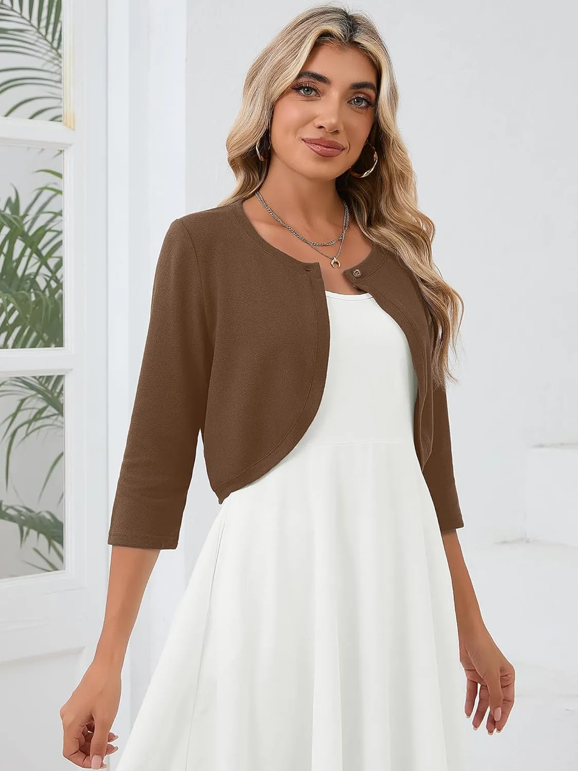 Heymoments Women's 3/4 Sleeve Casual Shrugs Lightweight Open Front Cropped Cardigan for Dresses