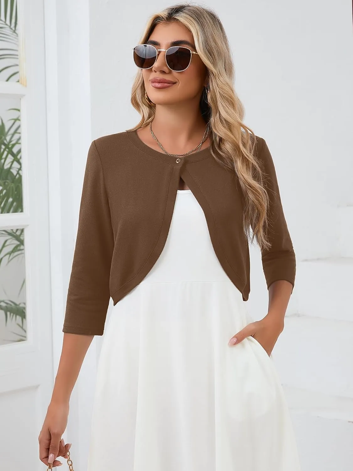 Heymoments Women's 3/4 Sleeve Casual Shrugs Lightweight Open Front Cropped Cardigan for Dresses