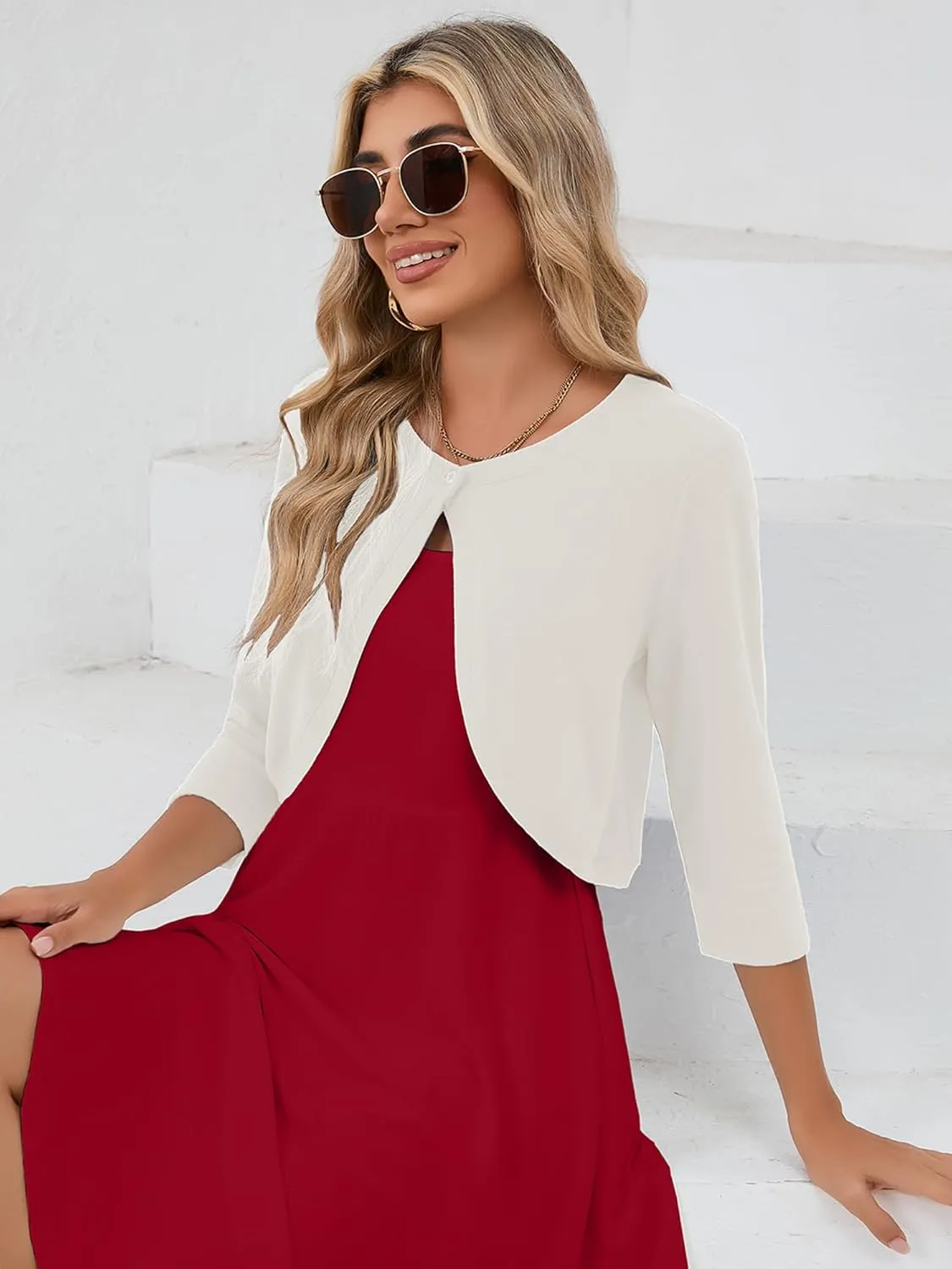 Heymoments Women's 3/4 Sleeve Casual Shrugs Lightweight Open Front Cropped Cardigan for Dresses