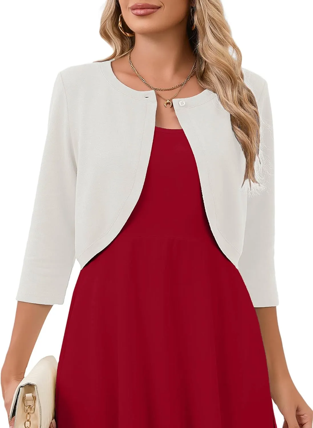 Heymoments Women's 3/4 Sleeve Casual Shrugs Lightweight Open Front Cropped Cardigan for Dresses