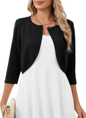 Heymoments Women's 3/4 Sleeve Casual Shrugs Lightweight Open Front Cropped Cardigan for Dresses