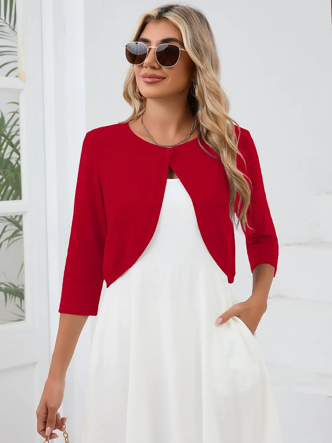 Heymoments Women's 3/4 Sleeve Casual Shrugs Lightweight Open Front Cropped Cardigan for Dresses
