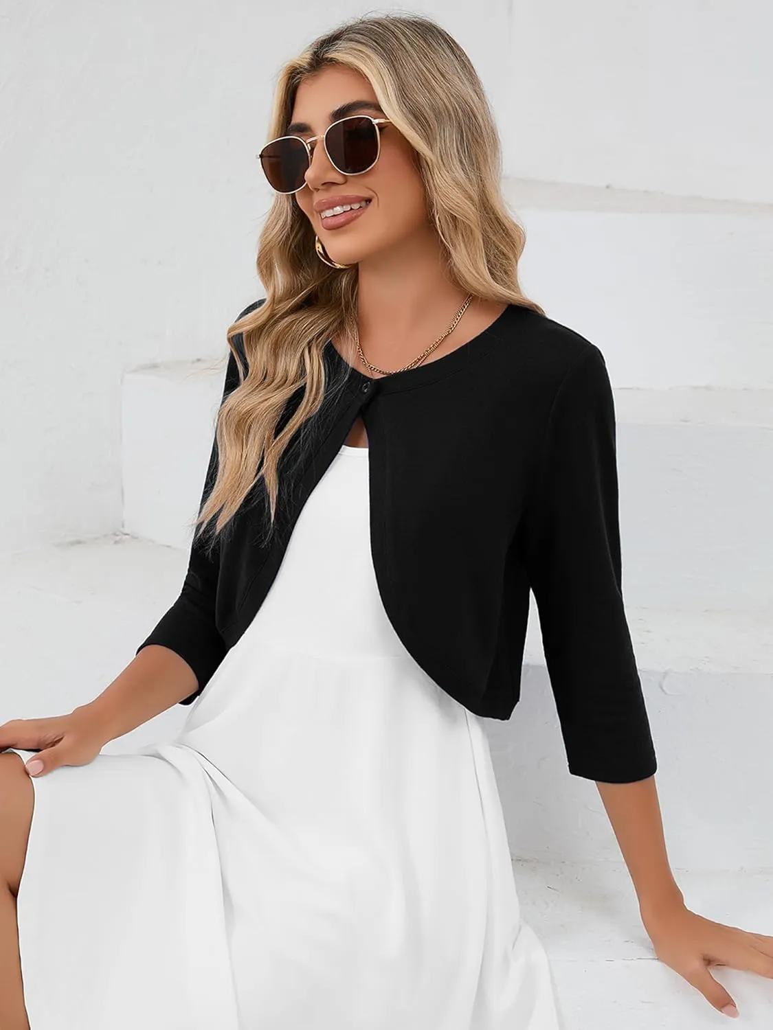 Heymoments Women's 3/4 Sleeve Casual Shrugs Lightweight Open Front Cropped Cardigan for Dresses