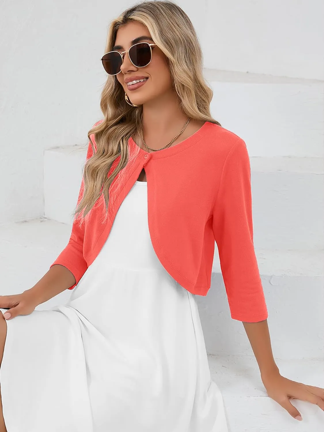 Heymoments Women's 3/4 Sleeve Casual Shrugs Lightweight Open Front Cropped Cardigan for Dresses