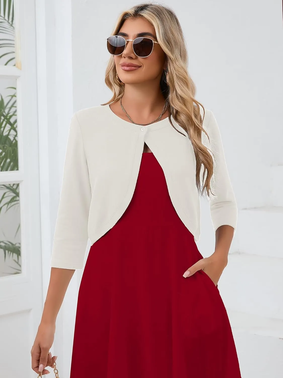 Heymoments Women's 3/4 Sleeve Casual Shrugs Lightweight Open Front Cropped Cardigan for Dresses