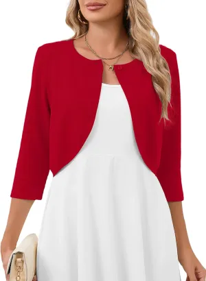 Heymoments Women's 3/4 Sleeve Casual Shrugs Lightweight Open Front Cropped Cardigan for Dresses
