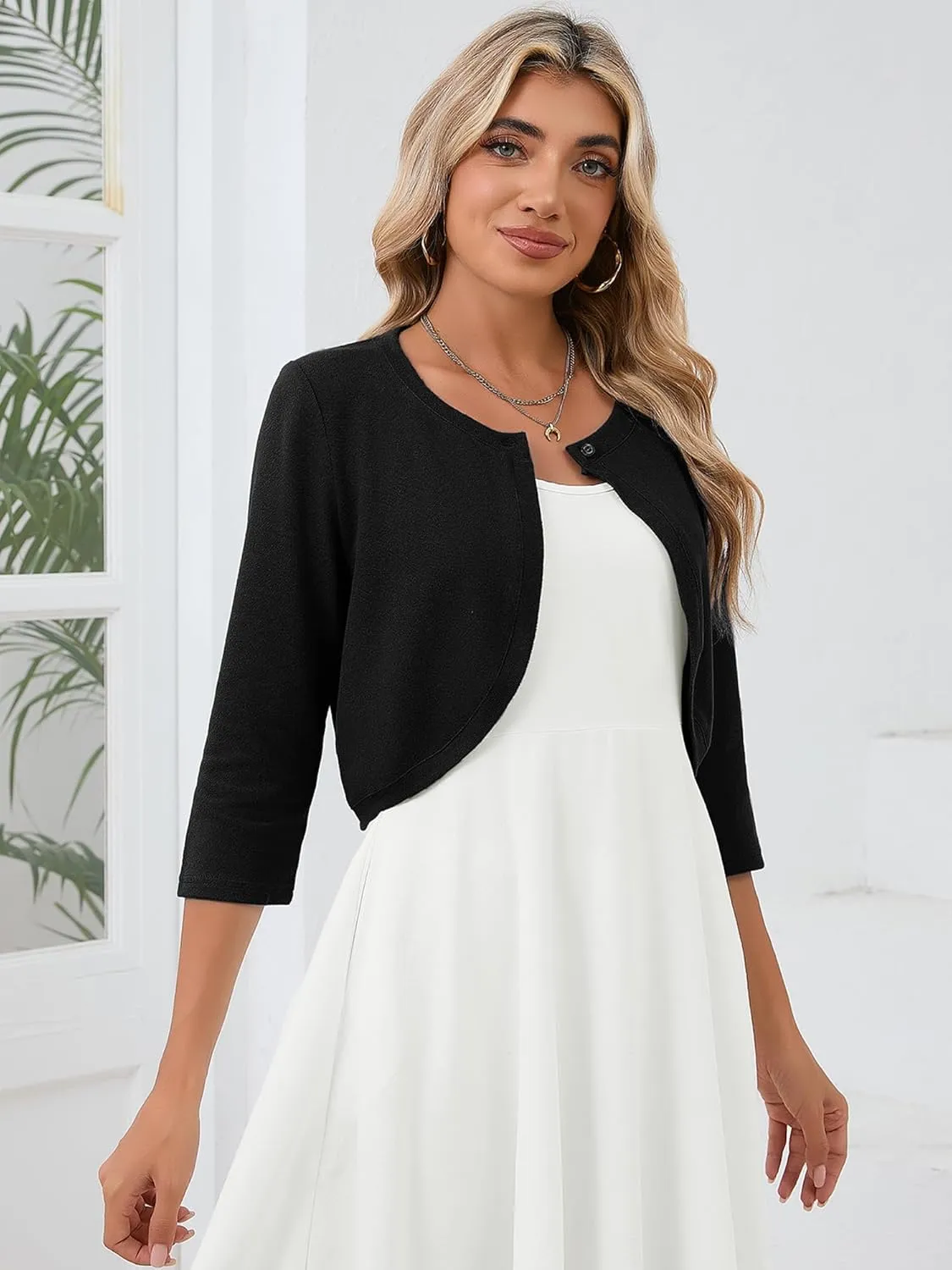 Heymoments Women's 3/4 Sleeve Casual Shrugs Lightweight Open Front Cropped Cardigan for Dresses