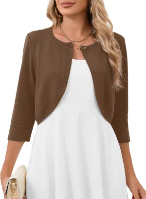 Heymoments Women's 3/4 Sleeve Casual Shrugs Lightweight Open Front Cropped Cardigan for Dresses