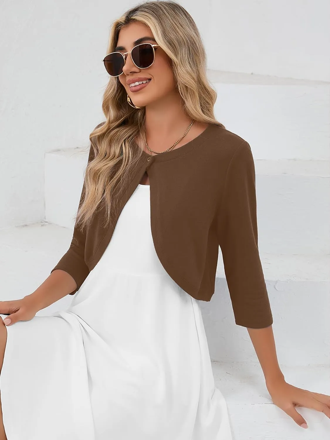 Heymoments Women's 3/4 Sleeve Casual Shrugs Lightweight Open Front Cropped Cardigan for Dresses