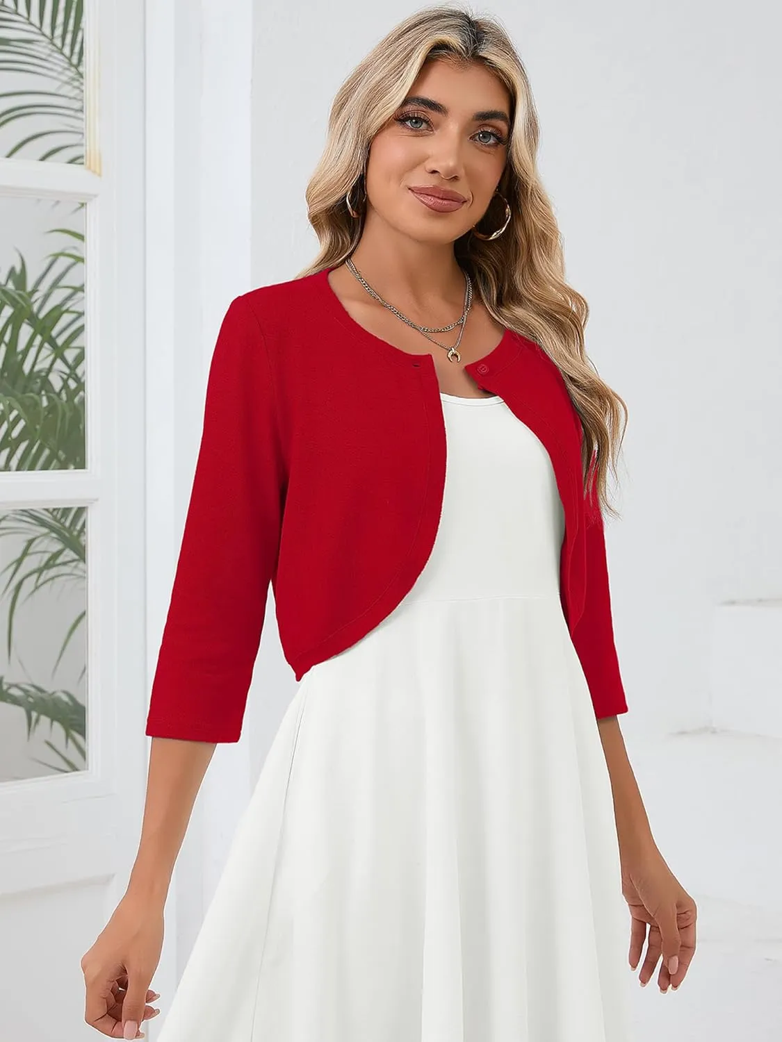 Heymoments Women's 3/4 Sleeve Casual Shrugs Lightweight Open Front Cropped Cardigan for Dresses
