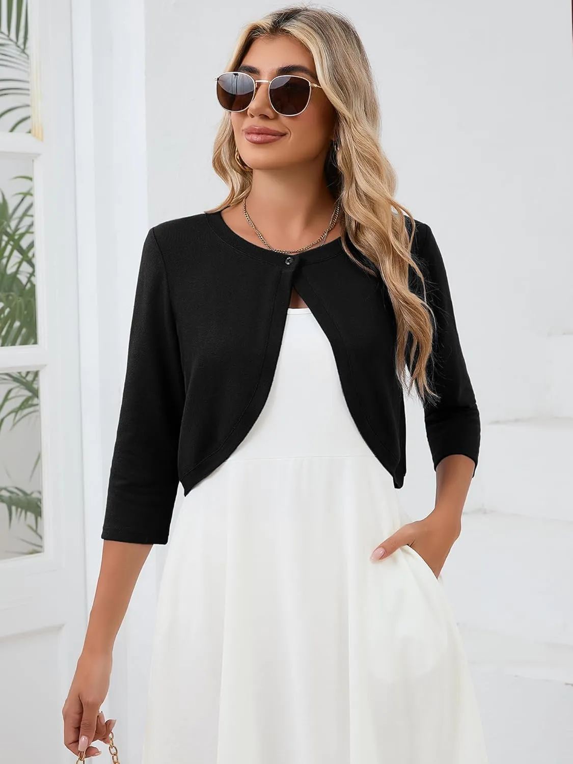 Heymoments Women's 3/4 Sleeve Casual Shrugs Lightweight Open Front Cropped Cardigan for Dresses