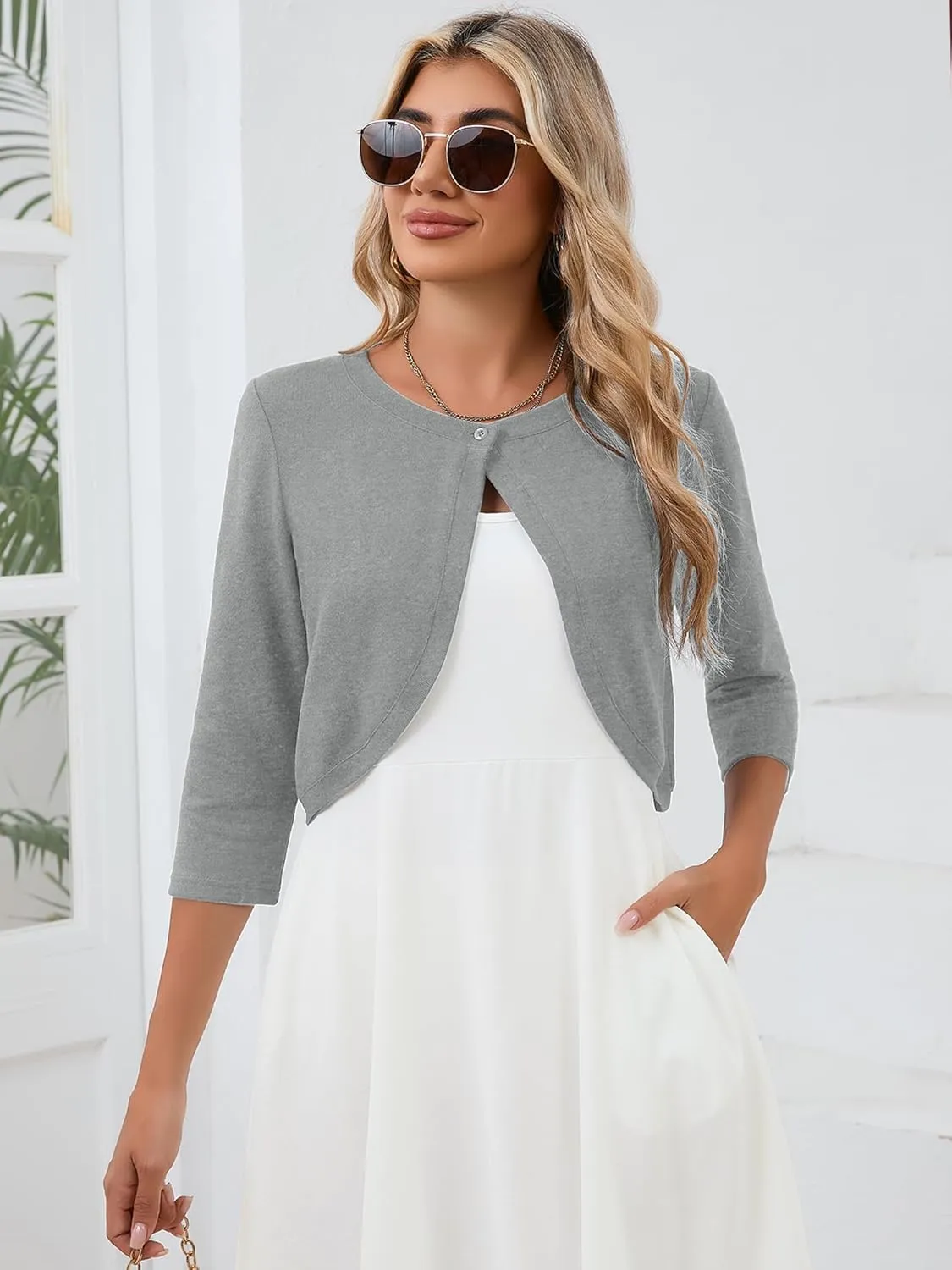 Heymoments Women's 3/4 Sleeve Thin Shrugs Lightweight Open Front Cropped Cardigan for Women