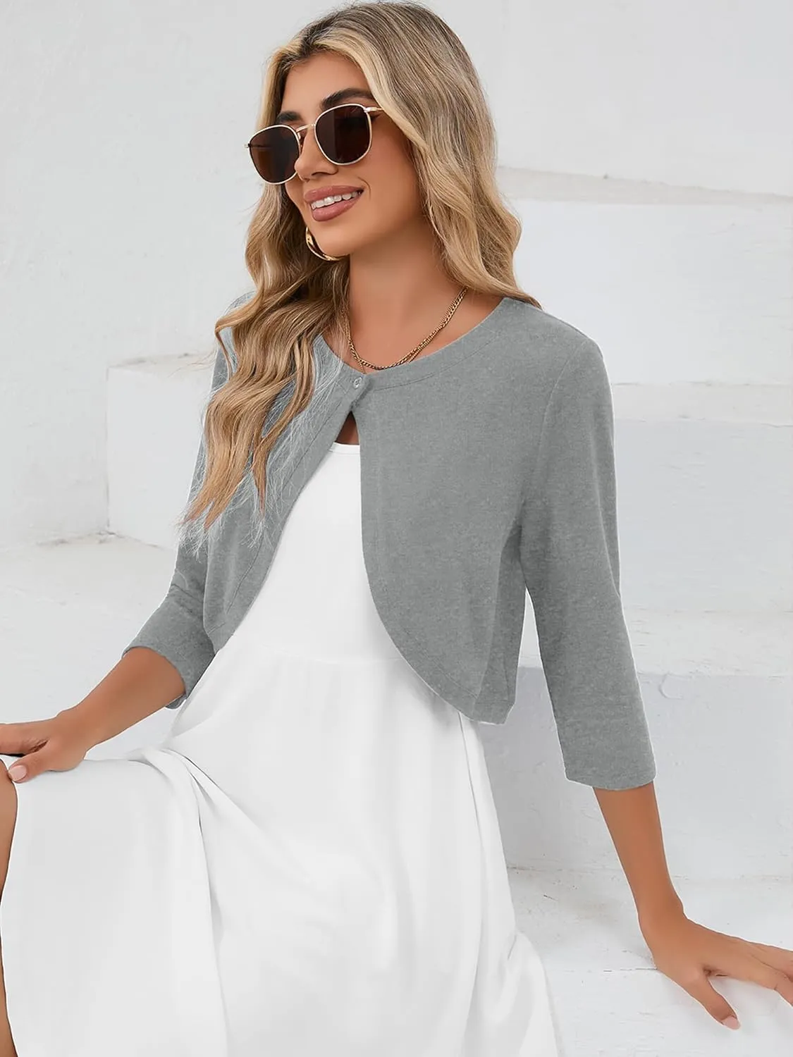 Heymoments Women's 3/4 Sleeve Thin Shrugs Lightweight Open Front Cropped Cardigan for Women