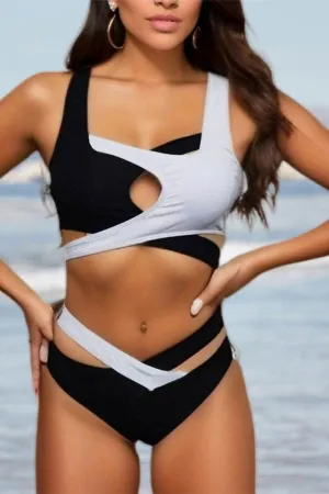 Hit Color Stylish Cutout Front Wrap Lace-Up Bikini