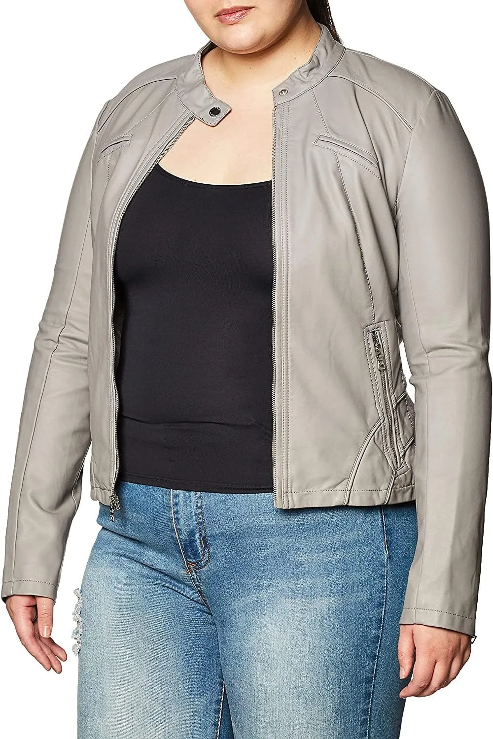 HOT Women's Genuine Lambskin Real Leather Jacket Stylish Collared Biker Coat Grey WJ214