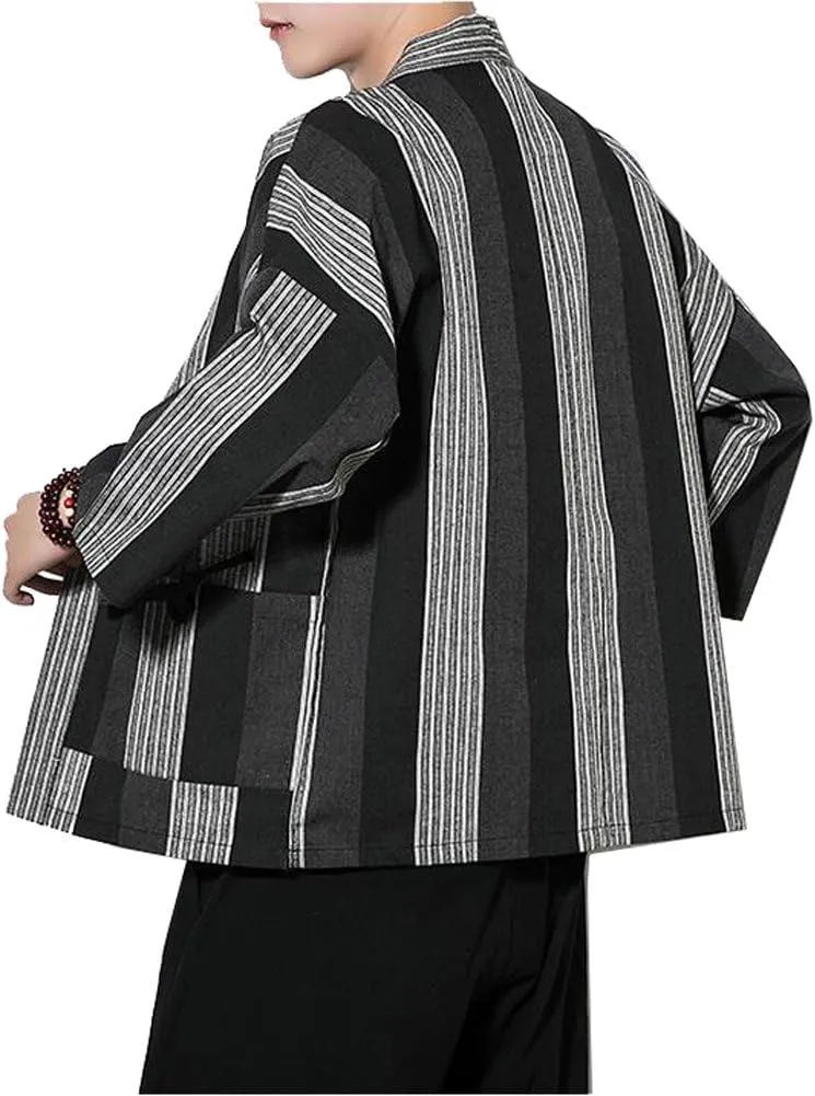 Hotmiss Mens Kimono Hipster Plaid Patchwork Linen Cloak Open Front Cardigan Jackets