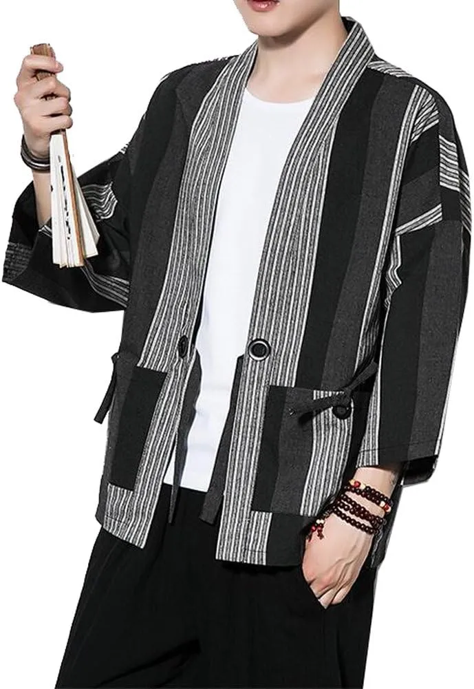 Hotmiss Mens Kimono Hipster Plaid Patchwork Linen Cloak Open Front Cardigan Jackets