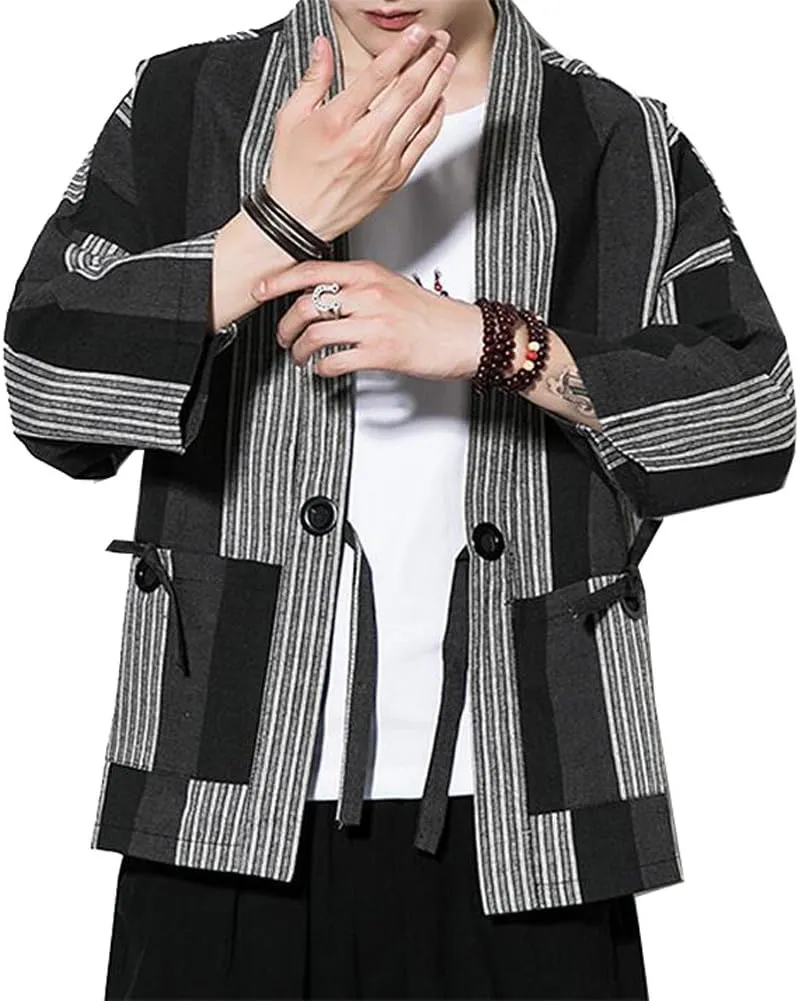 Hotmiss Mens Kimono Hipster Plaid Patchwork Linen Cloak Open Front Cardigan Jackets