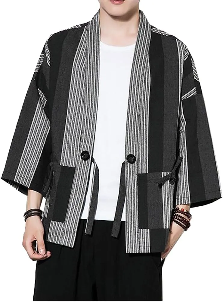 Hotmiss Mens Kimono Hipster Plaid Patchwork Linen Cloak Open Front Cardigan Jackets