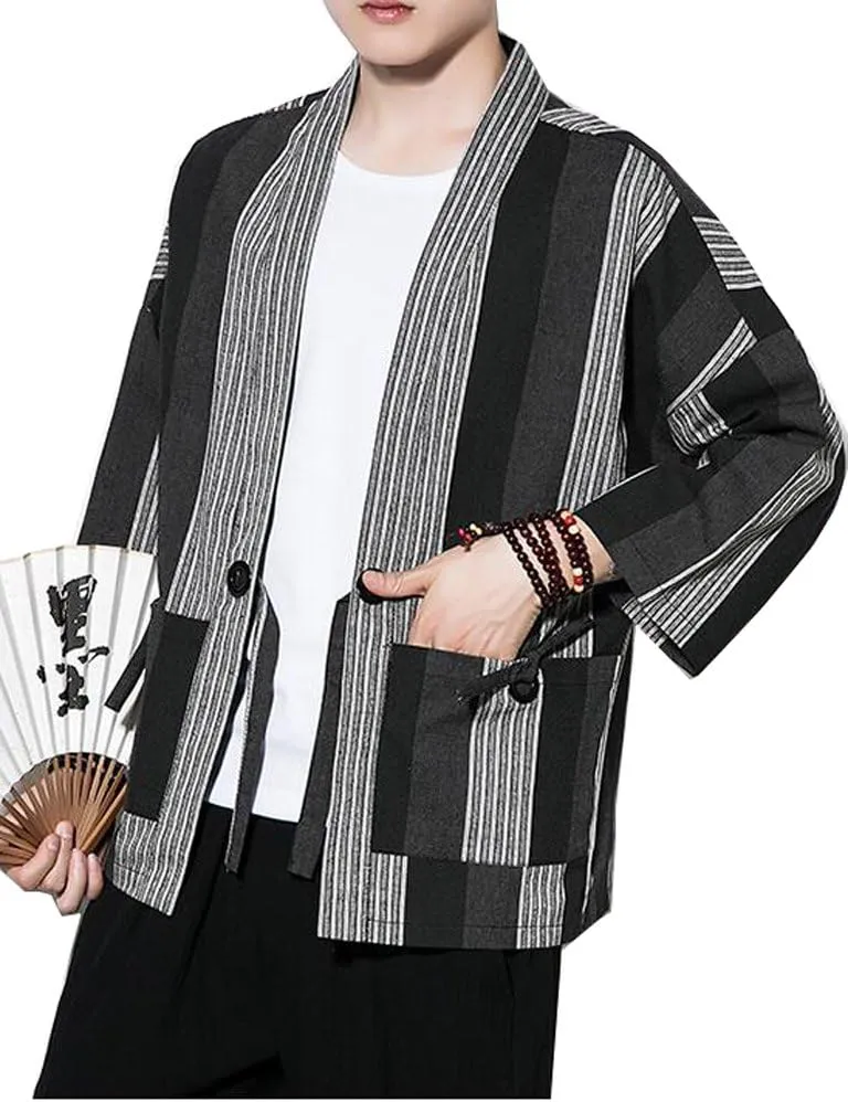 Hotmiss Mens Kimono Hipster Plaid Patchwork Linen Cloak Open Front Cardigan Jackets