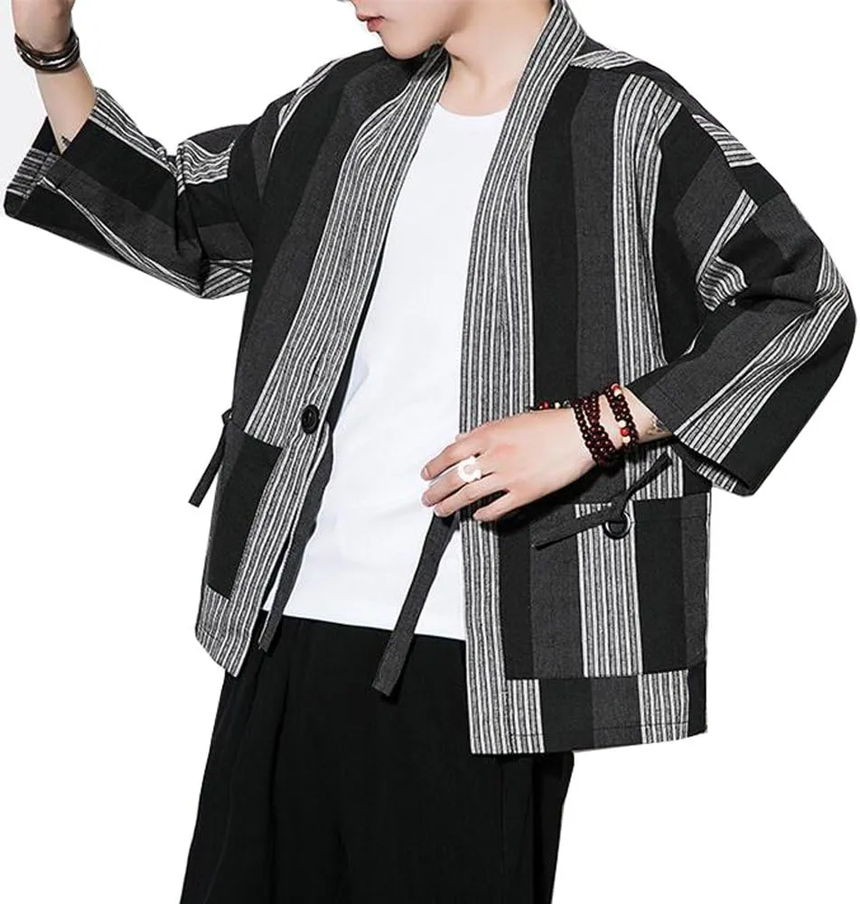 Hotmiss Mens Kimono Hipster Plaid Patchwork Linen Cloak Open Front Cardigan Jackets