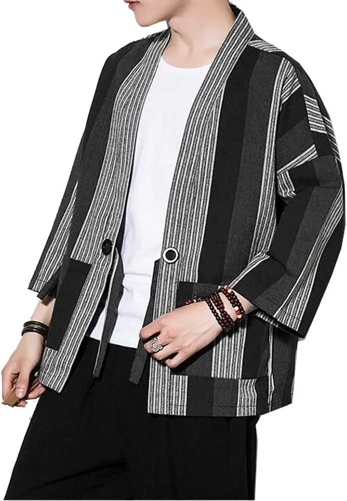 Hotmiss Mens Kimono Hipster Plaid Patchwork Linen Cloak Open Front Cardigan Jackets