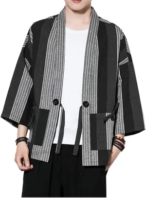 Hotmiss Mens Kimono Hipster Plaid Patchwork Linen Cloak Open Front Cardigan Jackets