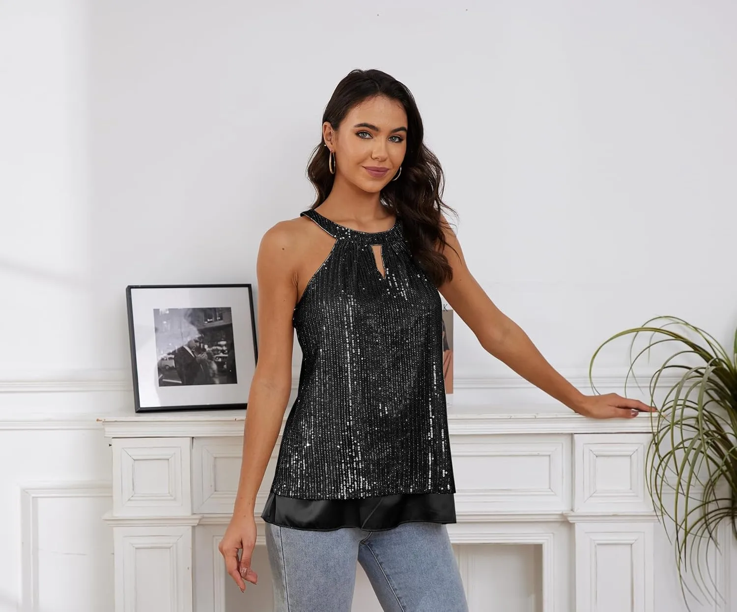 HWSFYES Sequin Halter Tops for Women, Sleeveless Sequin Sparkle Vest Blouses Glitter Tank Top Shirt Camisole for Party Club