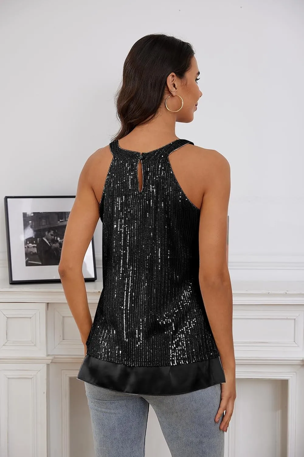 HWSFYES Sequin Halter Tops for Women, Sleeveless Sequin Sparkle Vest Blouses Glitter Tank Top Shirt Camisole for Party Club