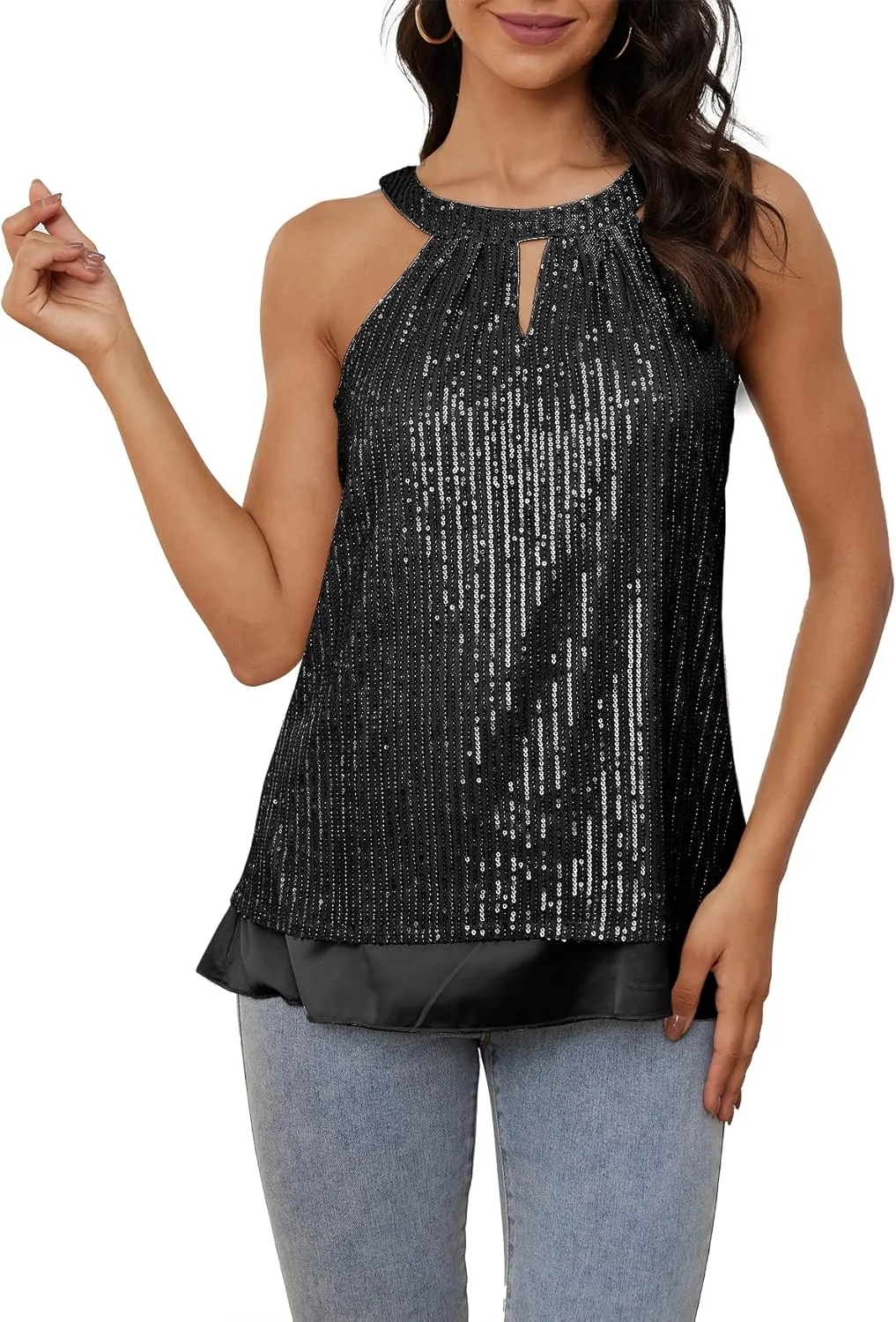HWSFYES Sequin Halter Tops for Women, Sleeveless Sequin Sparkle Vest Blouses Glitter Tank Top Shirt Camisole for Party Club
