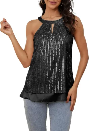 HWSFYES Sequin Halter Tops for Women, Sleeveless Sequin Sparkle Vest Blouses Glitter Tank Top Shirt Camisole for Party Club