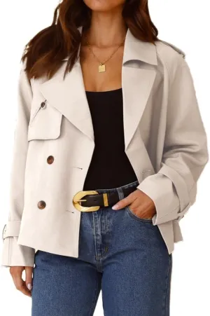 IDEALSANXUN Cropped Trench Coat for Women Spring Fall Trendy Double Breasted Long Sleeve Work Jackets Short Coats