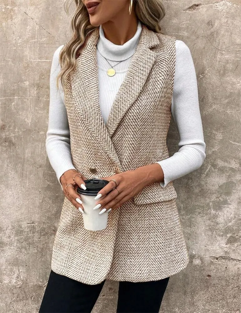 IDEALSANXUN Womens Herringbone Print Vest Fall Winter Double Breasted Sleeveless Blazer Jackets