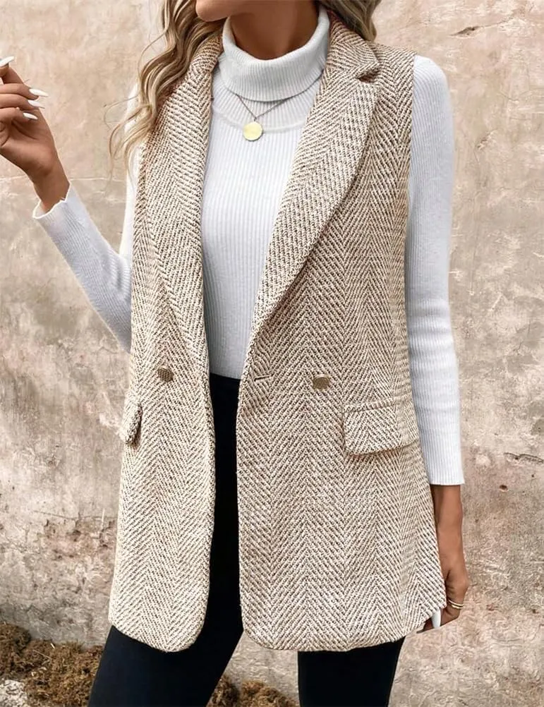 IDEALSANXUN Womens Herringbone Print Vest Fall Winter Double Breasted Sleeveless Blazer Jackets
