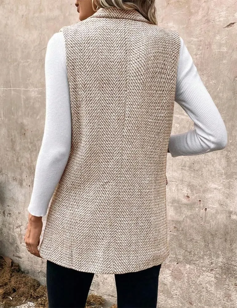 IDEALSANXUN Womens Herringbone Print Vest Fall Winter Double Breasted Sleeveless Blazer Jackets