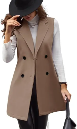 IDEALSANXUN Womens Long Wool Vest Fall Winter Sleeveless Blazer Jackets Double Breasted Trench Coats