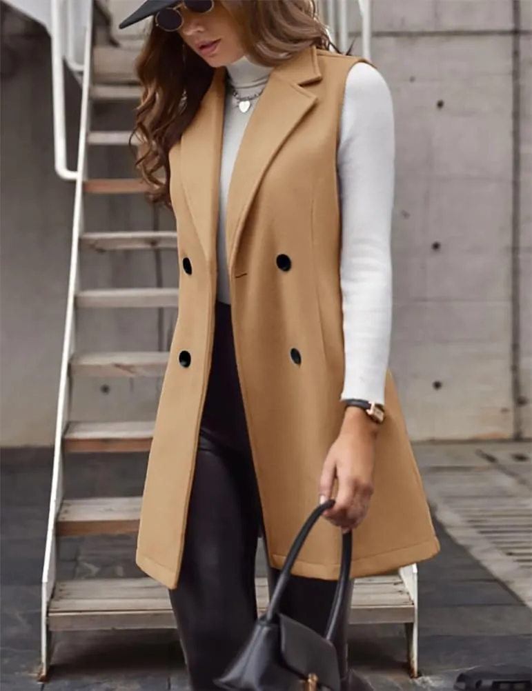 IDEALSANXUN Womens Long Wool Vest Fall Winter Sleeveless Blazer Jackets Double Breasted Trench Coats